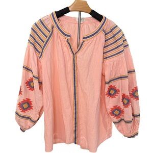 Velzera Peach Pink Blouse with Colorful Embroidery Snap Modest Large L Women's